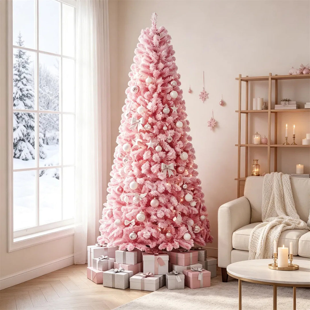 Full pink flocked Christmas tree with lights