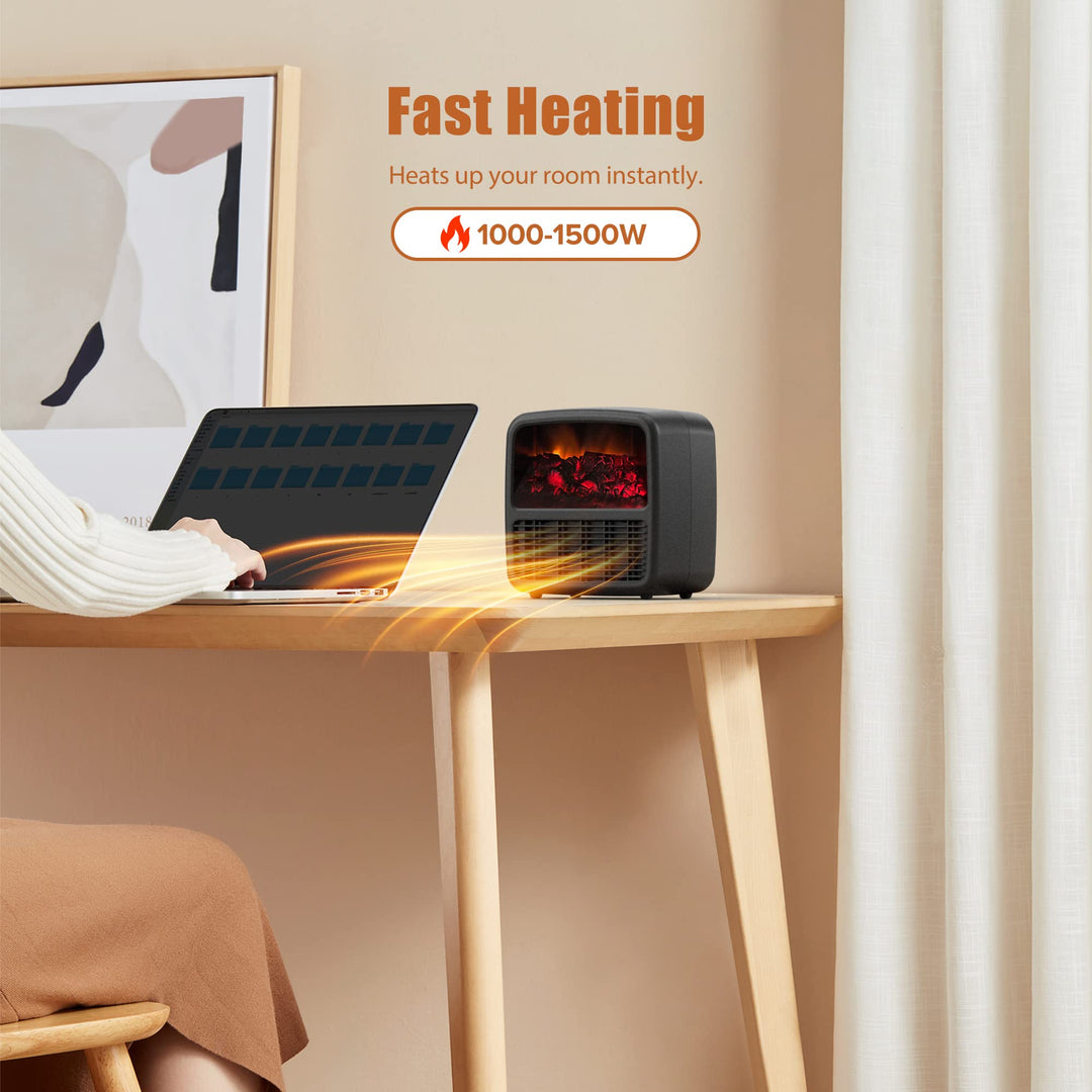Ceramic Electric Space Heater with LED Flame, 1000-1500W Desktop