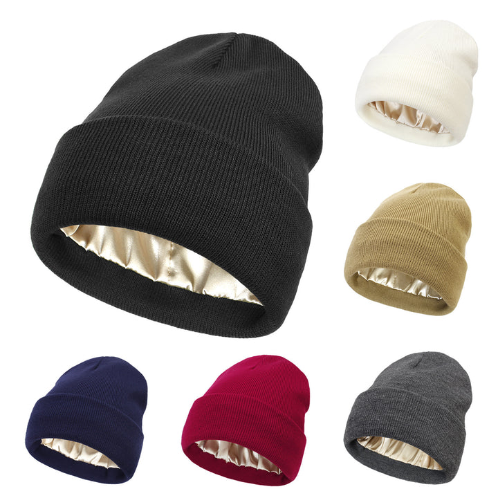 Cuffed knit beanie with satin lining