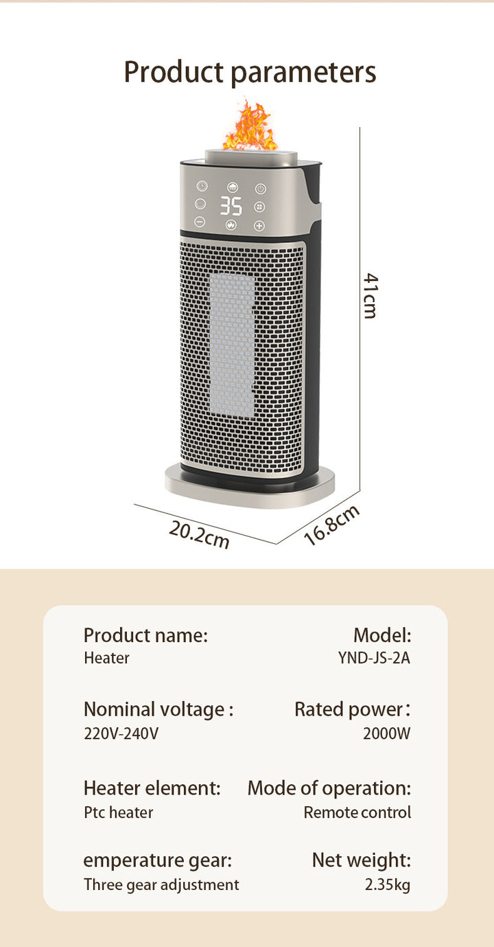 Silver tower fan heater with glowing flame-effect humidifier