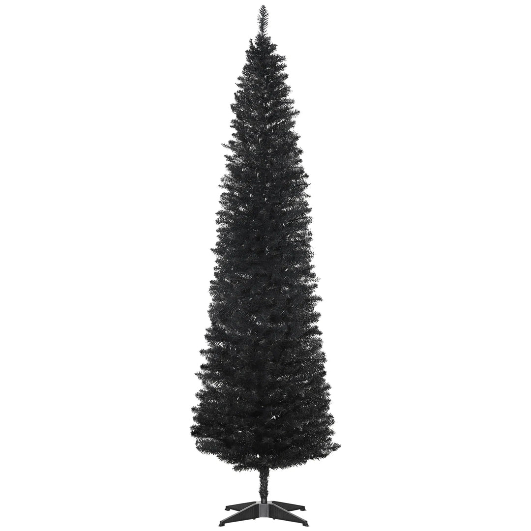 Slim black pencil Christmas tree in a living room