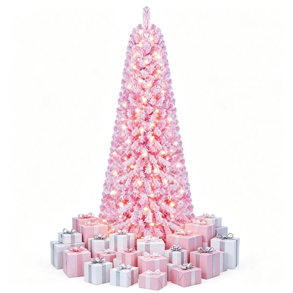 Full pink flocked Christmas tree with lights