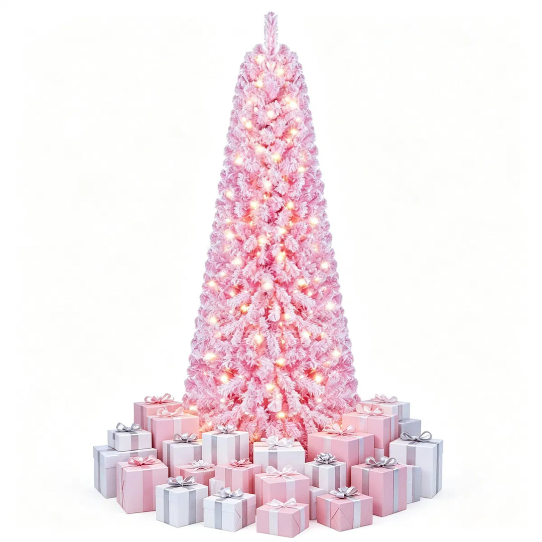 Full pink flocked Christmas tree with lights