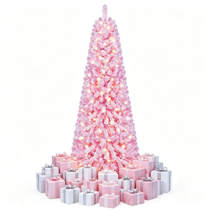 Full pink flocked Christmas tree with lights