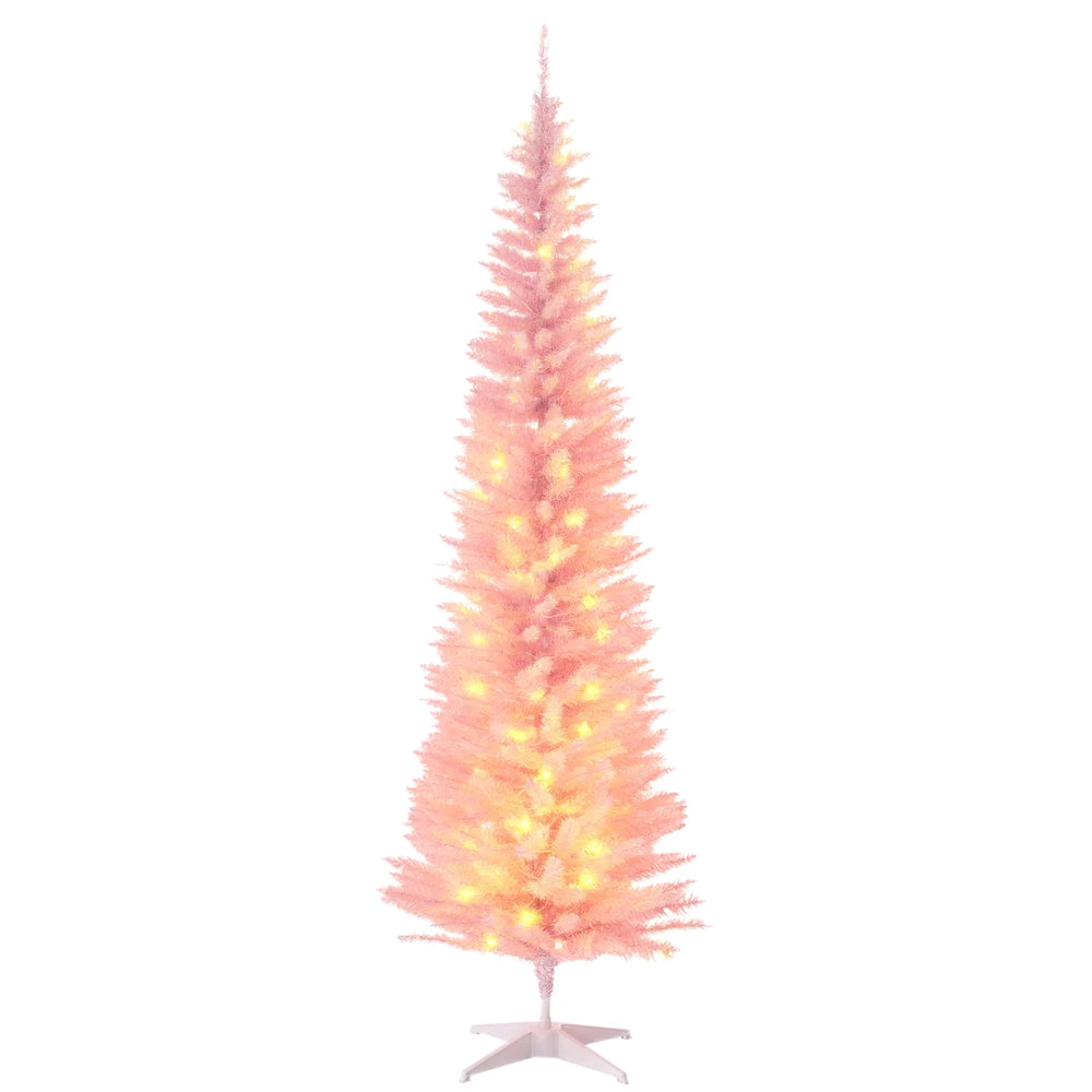 Tall pink pencil Christmas tree with warm lights