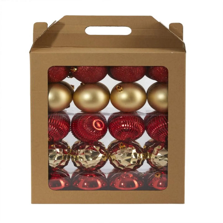 Red and gold shatterproof Christmas ball ornaments in a box
