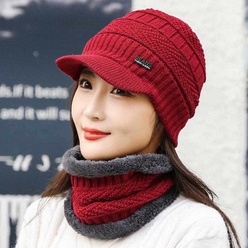 Gray peaked knit beanie with matching neck warmer