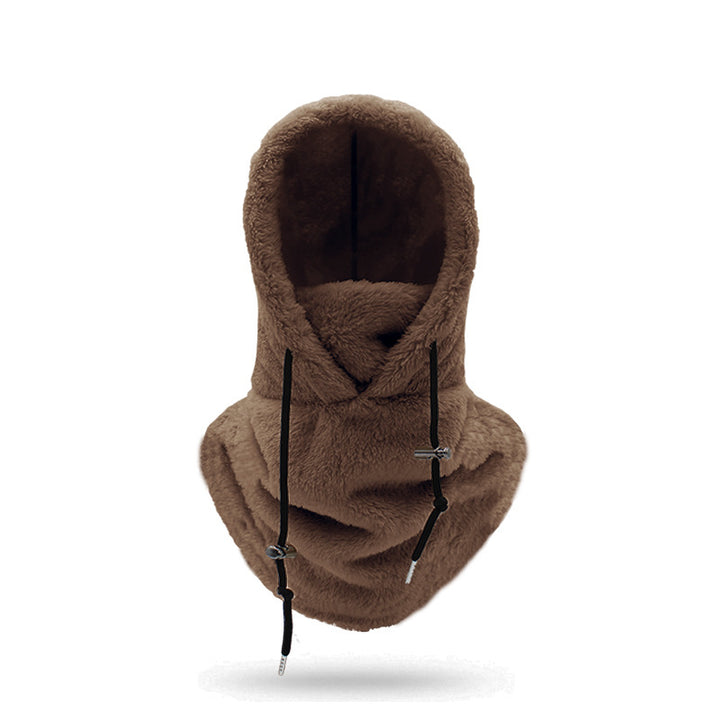 Woman wearing a plush hooded scarf