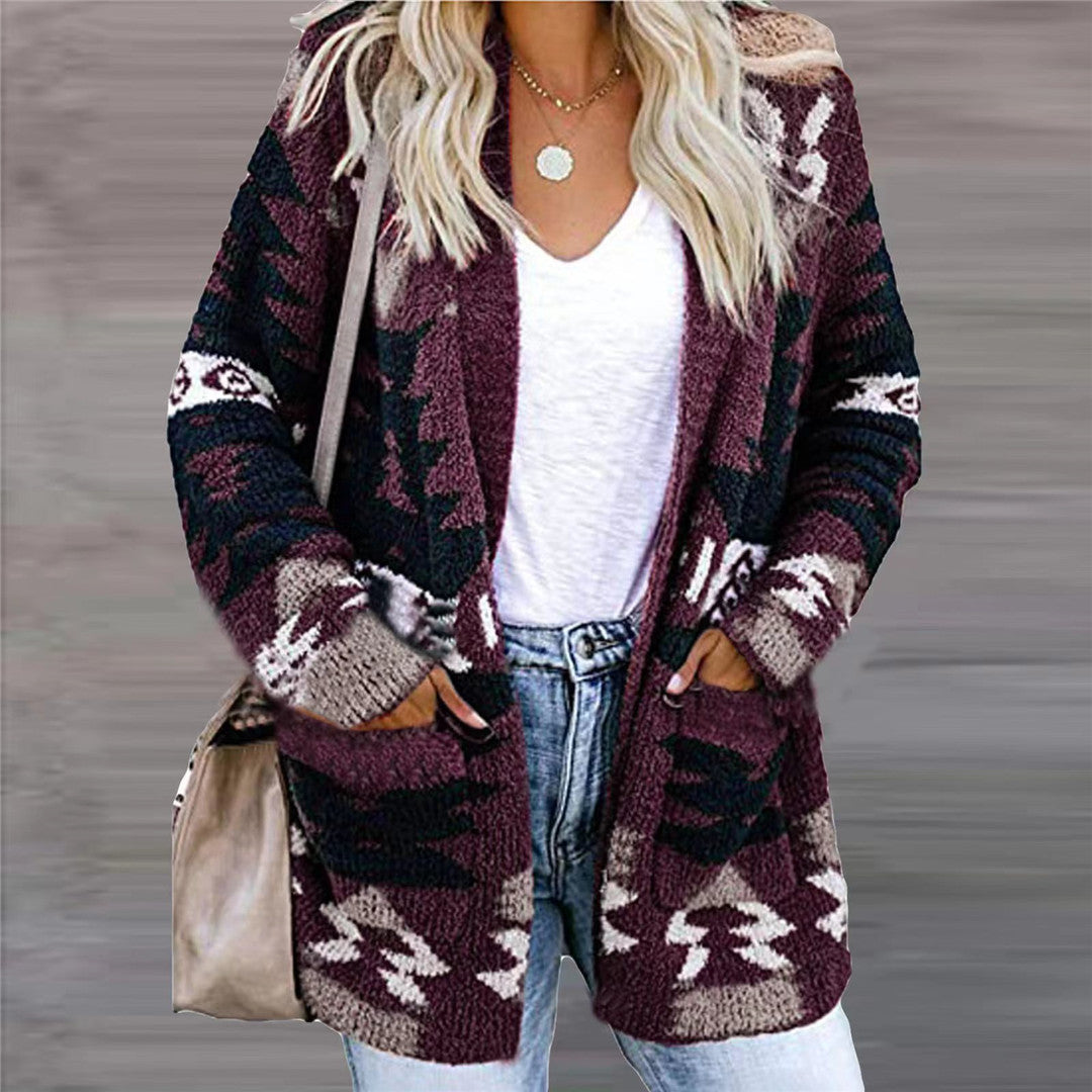Woman in a geometric open-front cardigan