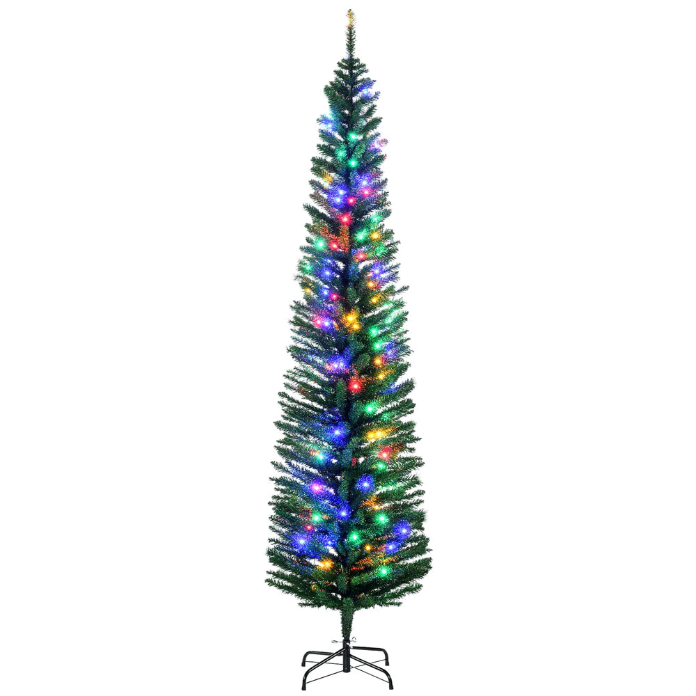 Slim green pencil tree with multicolor lights