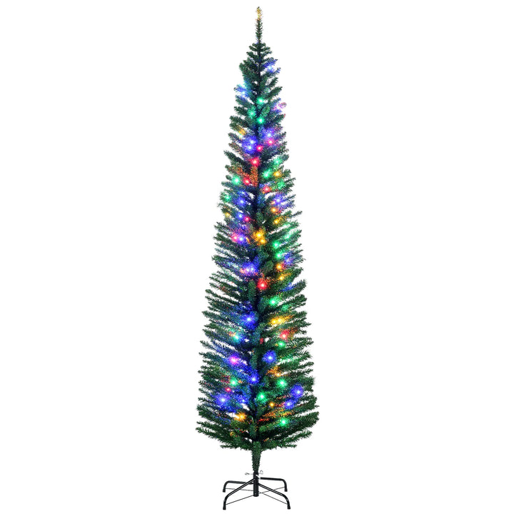 Slim green pencil tree with multicolor lights