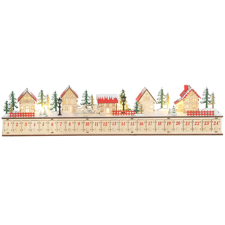 Long lighted wooden advent calendar on mantel