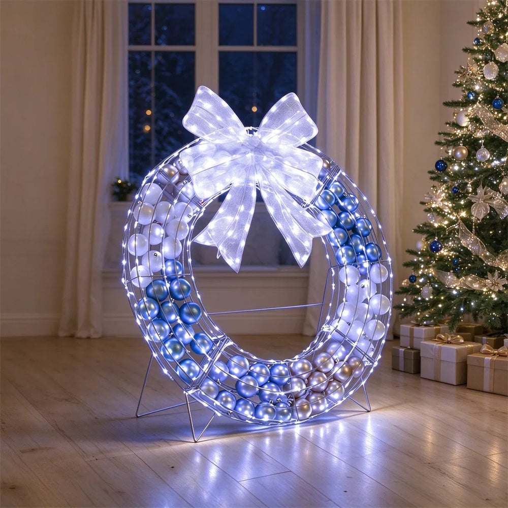 Freestanding lighted Christmas wreath with ornaments