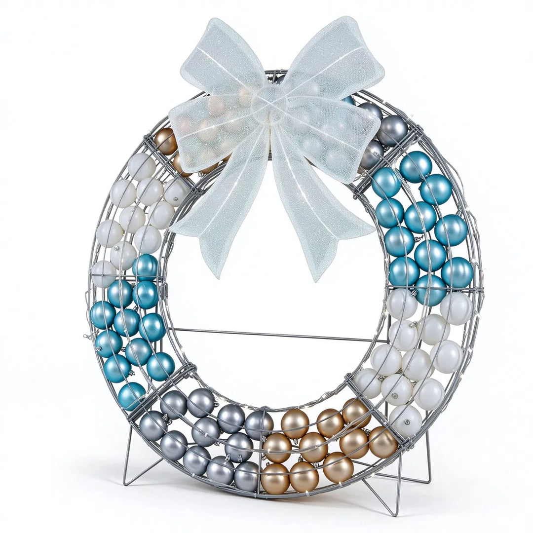 Freestanding lighted Christmas wreath with ornaments