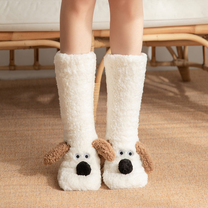 Heat Grove Plush Cartoon Dog Socks with Non-Slip Sole
