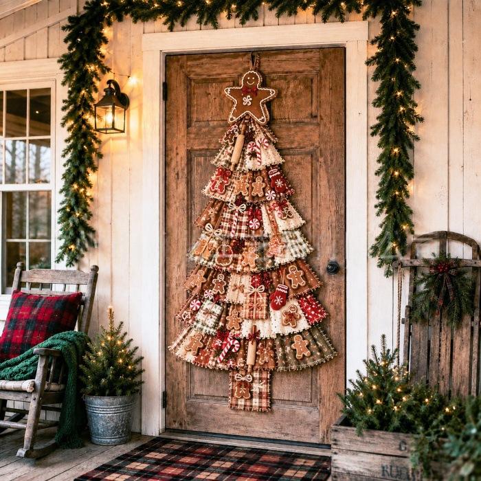 Patchwork-look Christmas tree door hanging