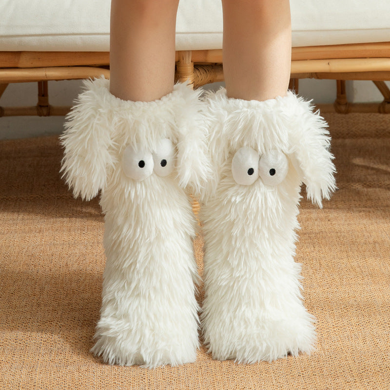 Fluffy plush socks with cartoon eyes