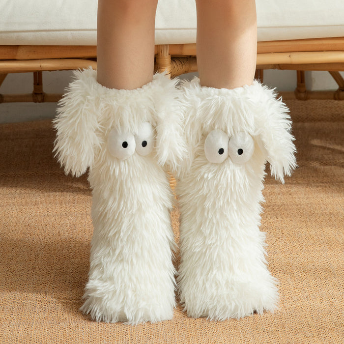 Heat Grove Fluffy Snow Socks with Cartoon Eyes and Grip Sole