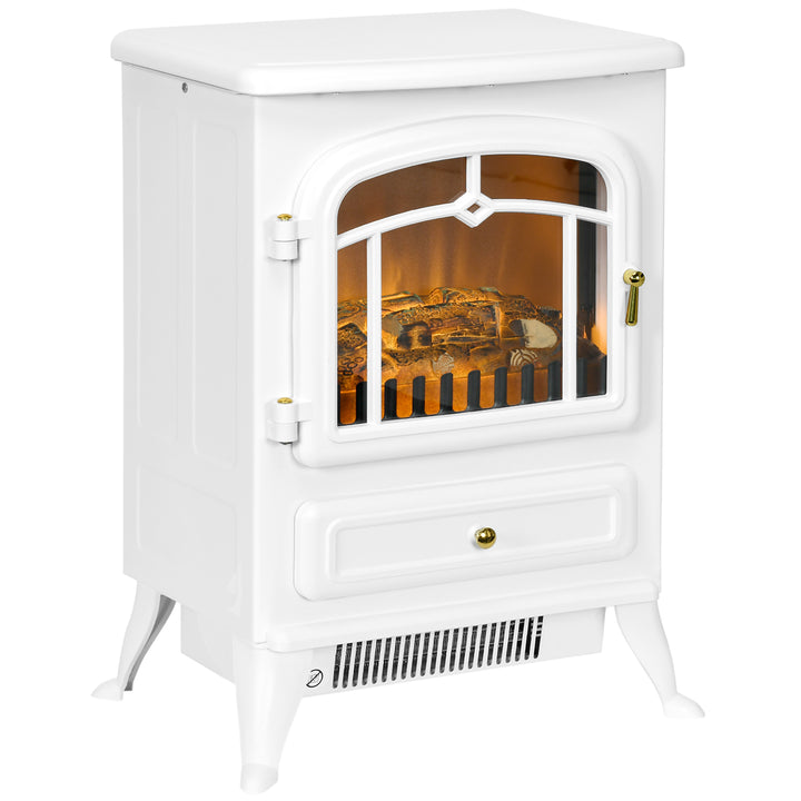 White electric stove heater with glowing log flames
