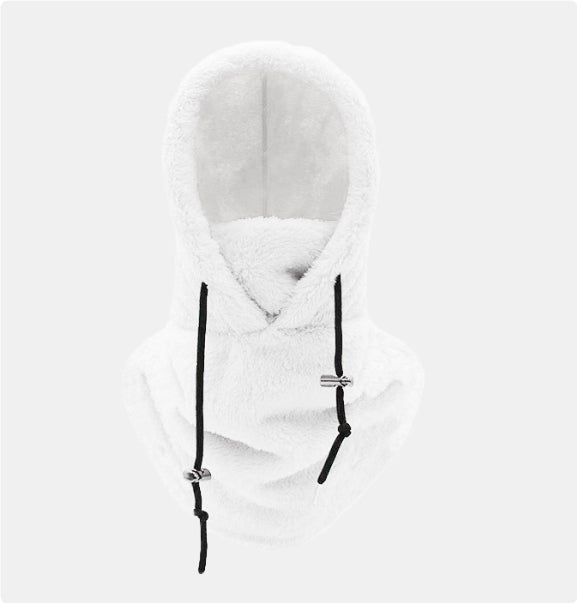 Woman wearing a plush hooded scarf