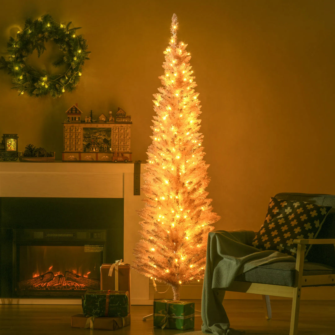 Pink pencil Christmas tree with warm lights