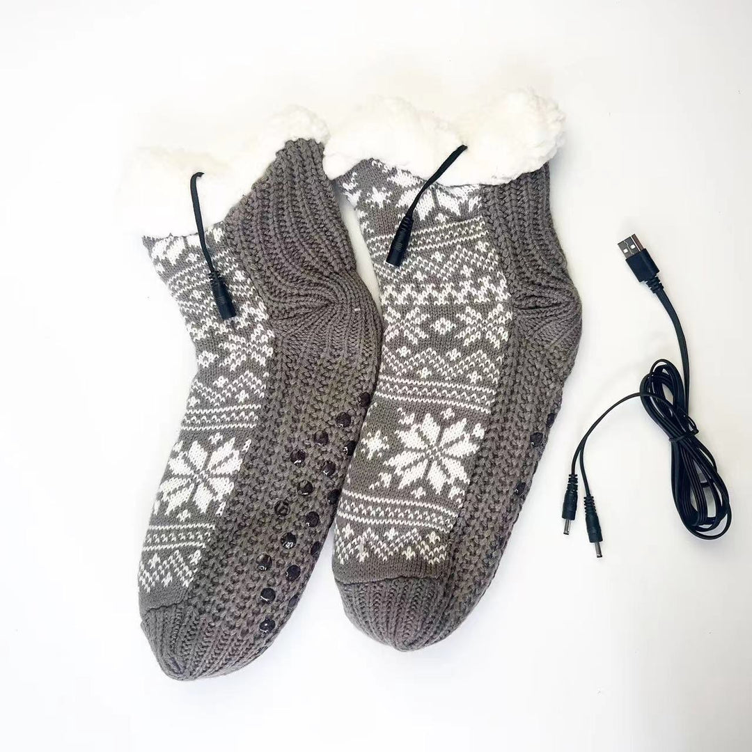 Red USB heated snowflake knit socks