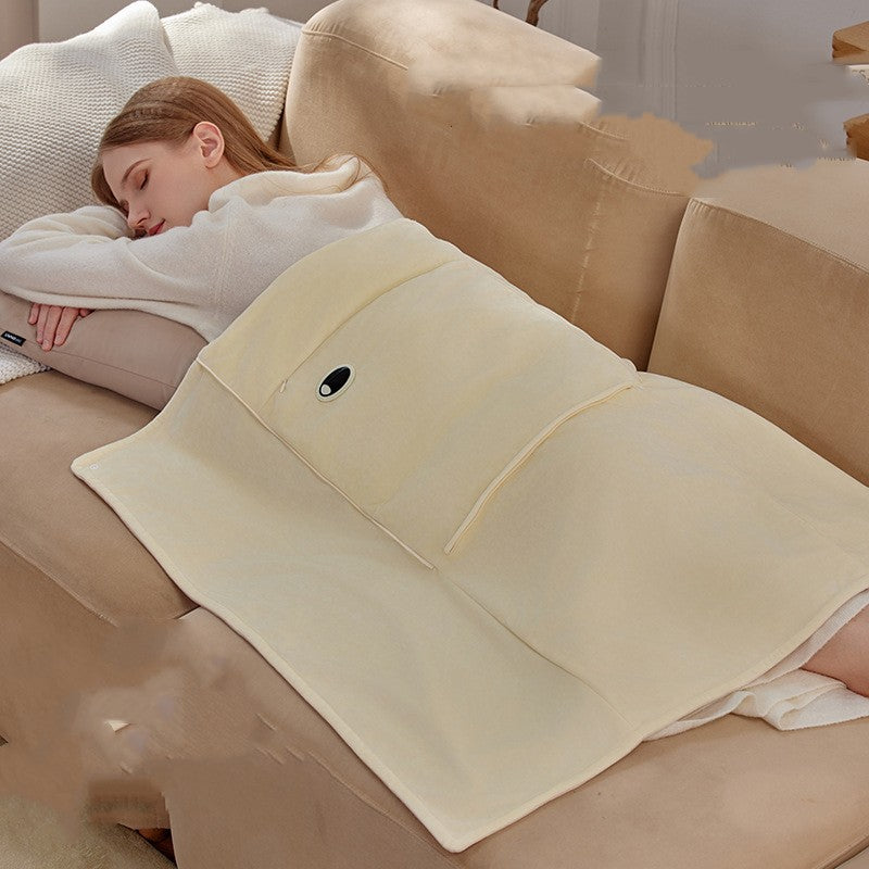 Heated plush pouch unfolded as lap blanket