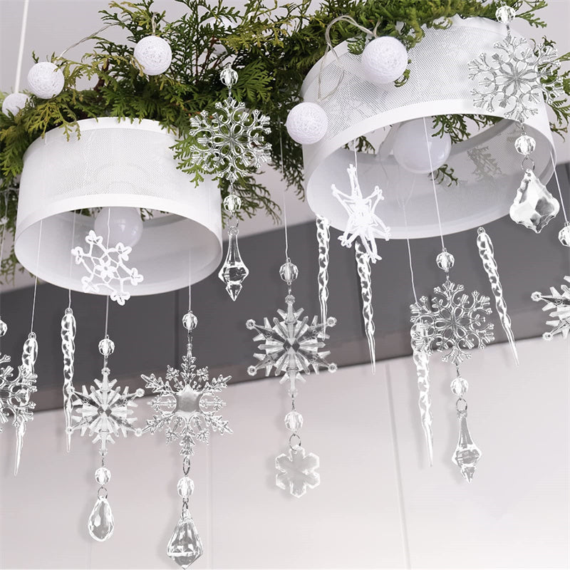 Clear acrylic icicle ornaments hanging on a Christmas tree