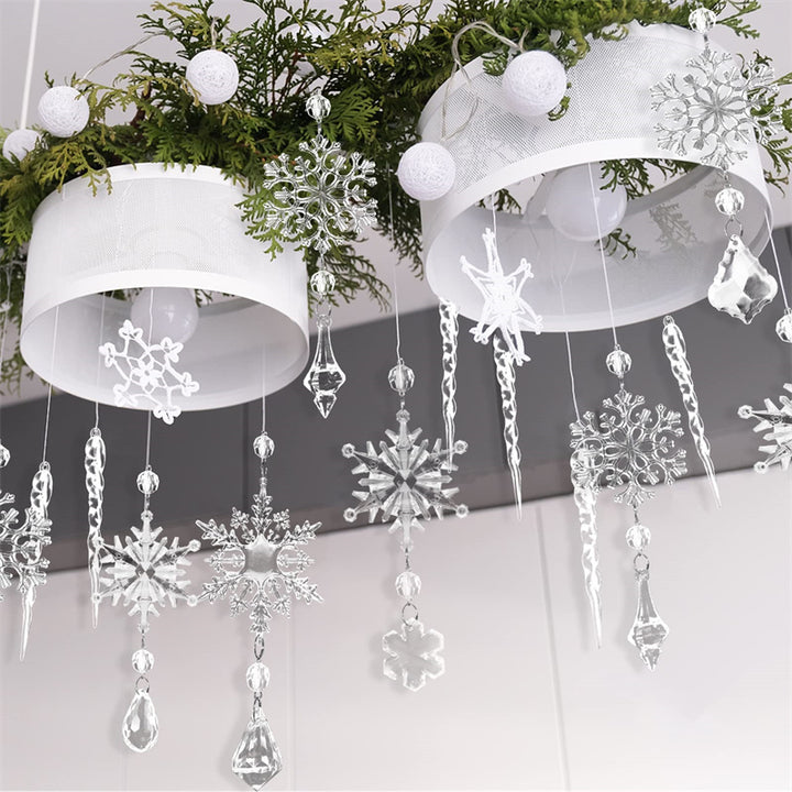 Clear acrylic icicle ornaments hanging on a Christmas tree
