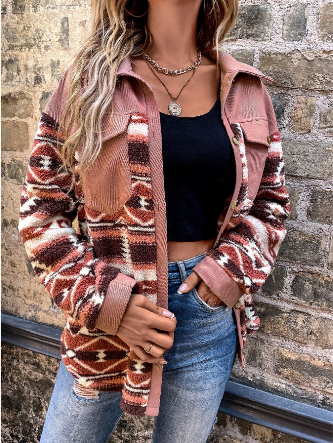 Heat Grove Shacket Coat with Geometric Print Sleeves